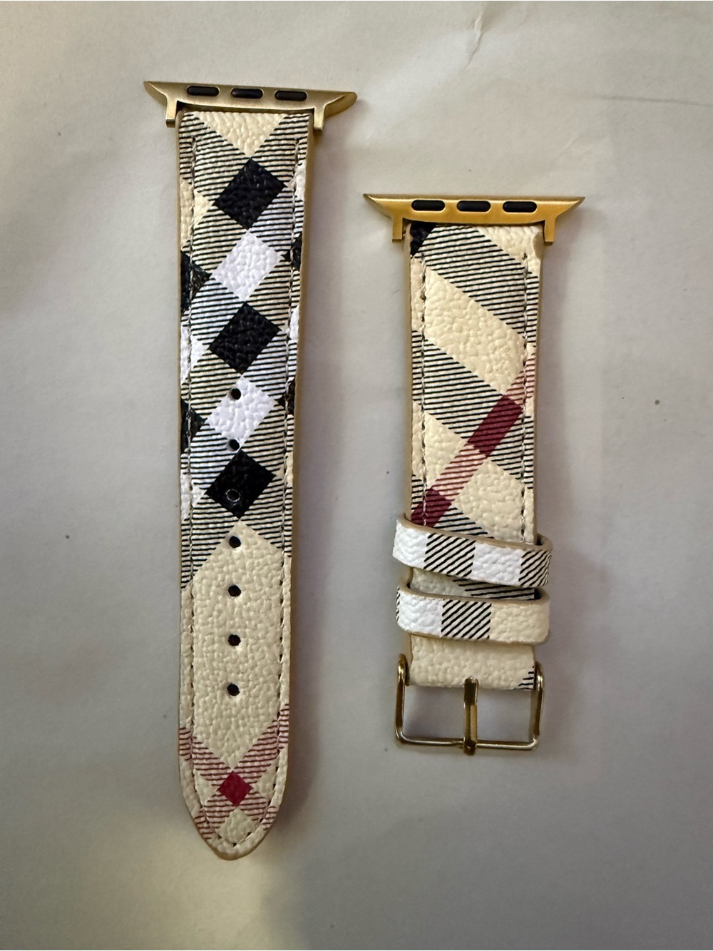 Burberry Cream Plaid Leather Watch Band with Gold Hardware for Ultra 49mm